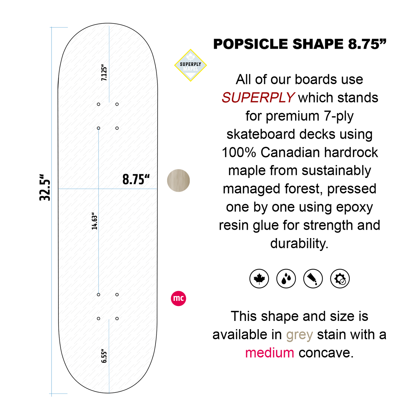 KOHLSEN PARKIE 8.75 SKATEBOARD DECK GREY